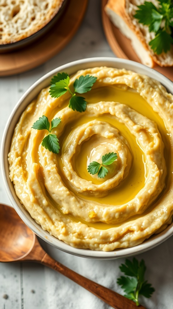 Savory Mashed Eggplant Recipe A bowl of creamy mashed eggplant garnished with parsley and olive oil, served with bread.